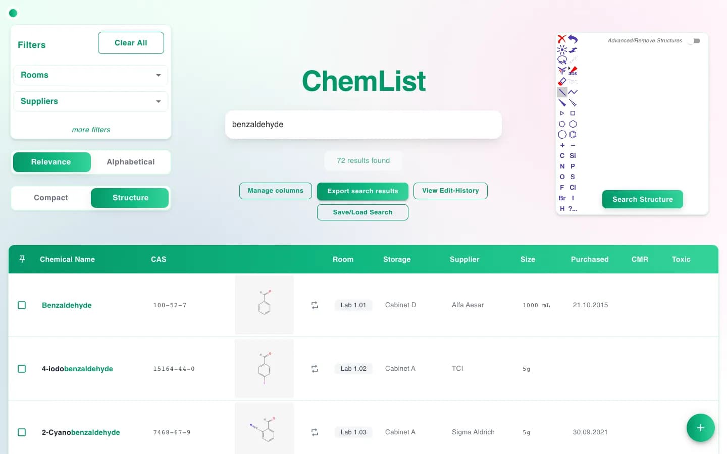 ChemList showing search results for benzaldehyde with structure drawings, rooms and storage places